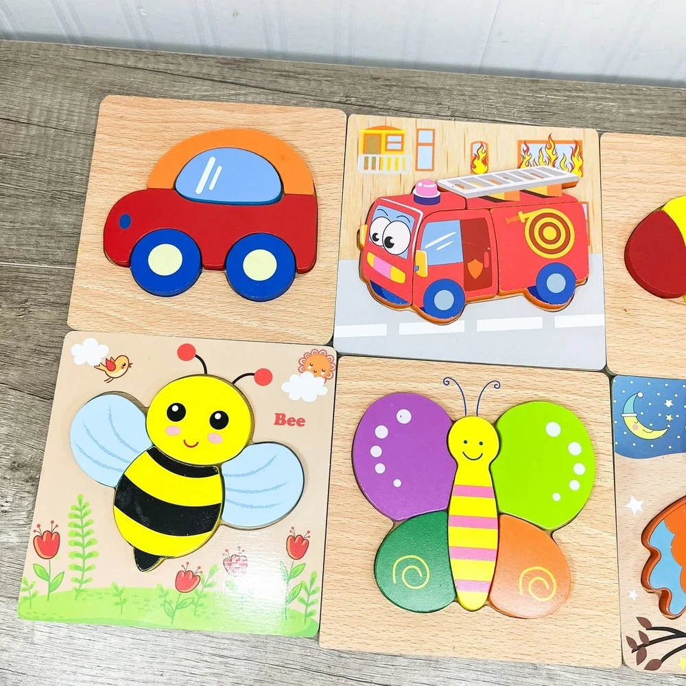 Wooden Toddler Chunky Puzzle Set 6pc Animals Transportation Montessori Toys